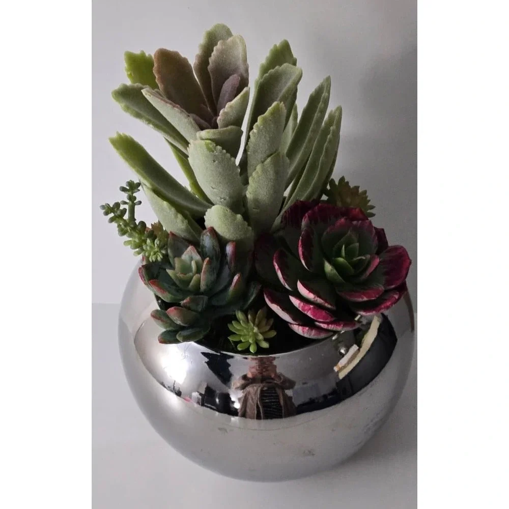 Handmade Artificial Succulent Arrangement in Silver Pot – Modern Home Decor